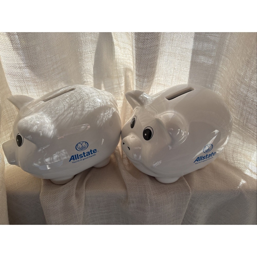Set Of 2 VTG 90's Allstate Advertising Piggy Bank Vintage 6" White
